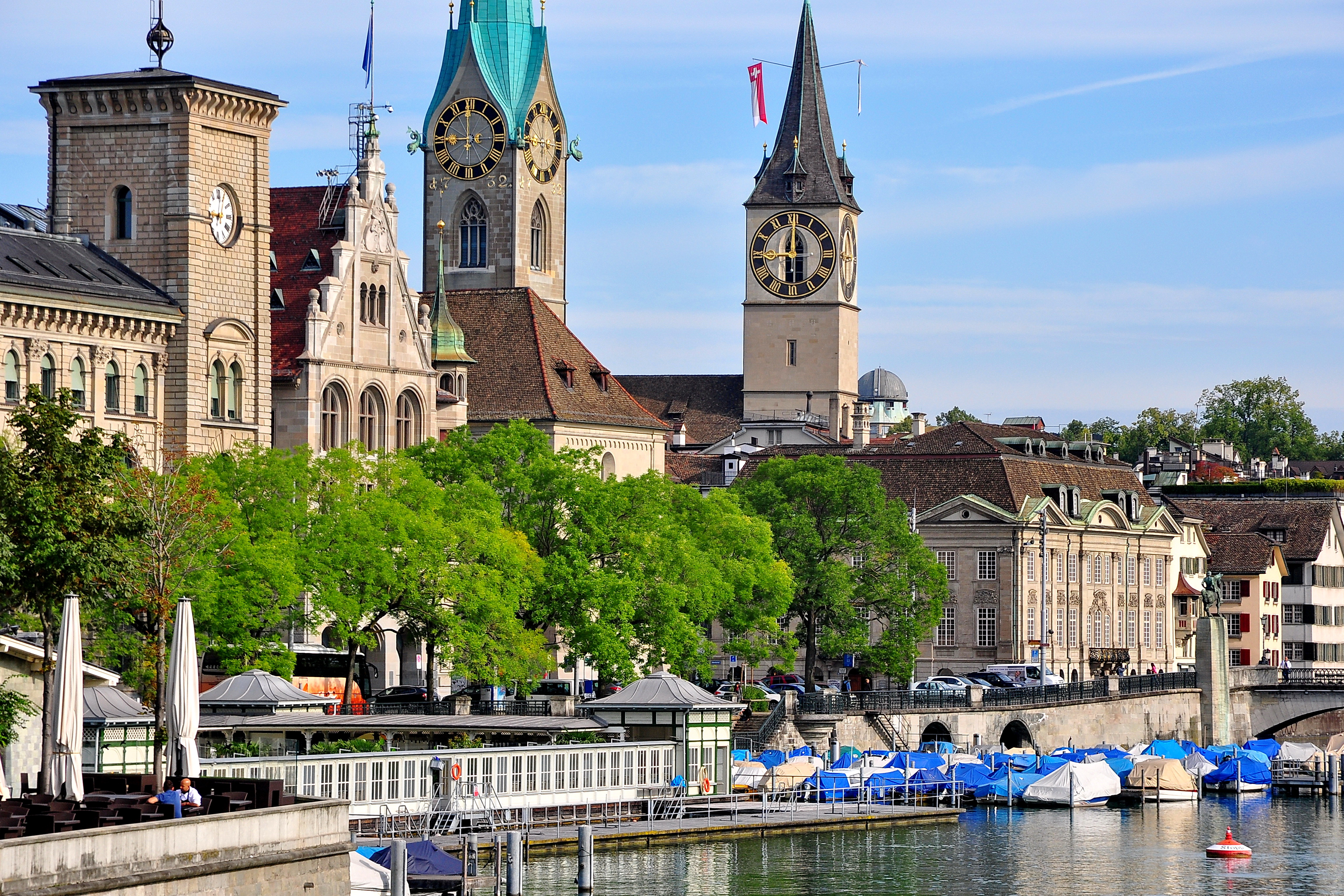 Zurich old town with church towers and river Limmat